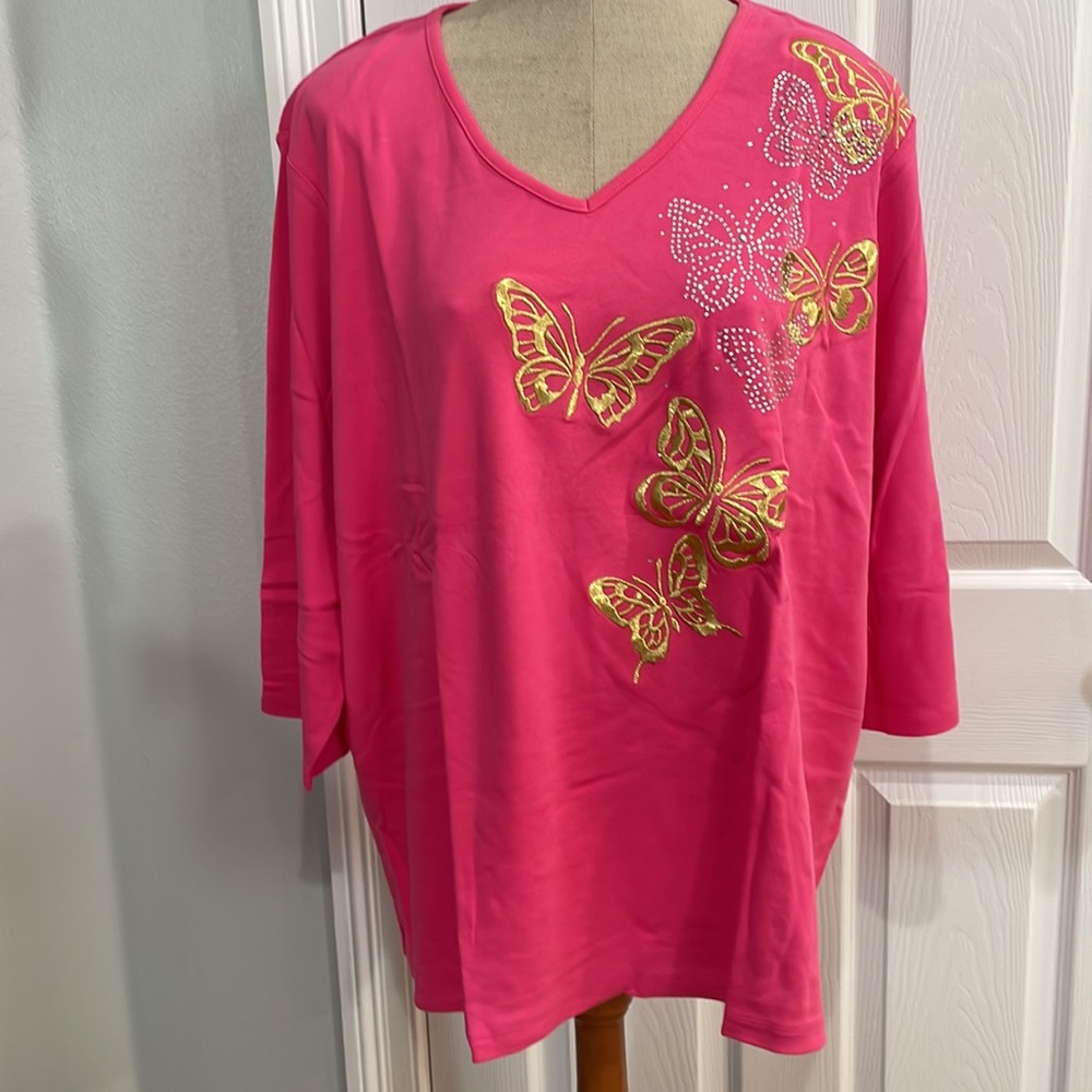 Quacker factory top embellished embroidered butterflies rhinestones pink size 3X